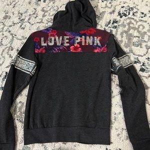 Bling sequin PINK Victoria’s Secret full zip up hoodie hibiscus